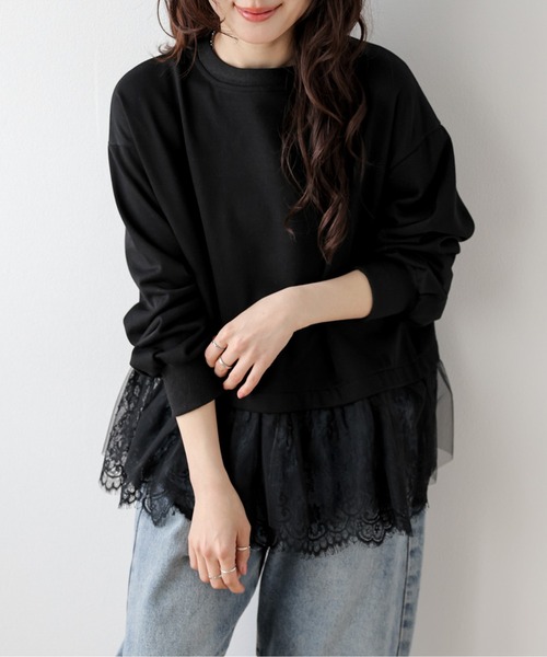 AMELY（エミリー）の「裾チュールレース プルオーバー（Tシャツ/カットソー・レディース・ホワイト/ブラック・フリー）」の8枚目の写真