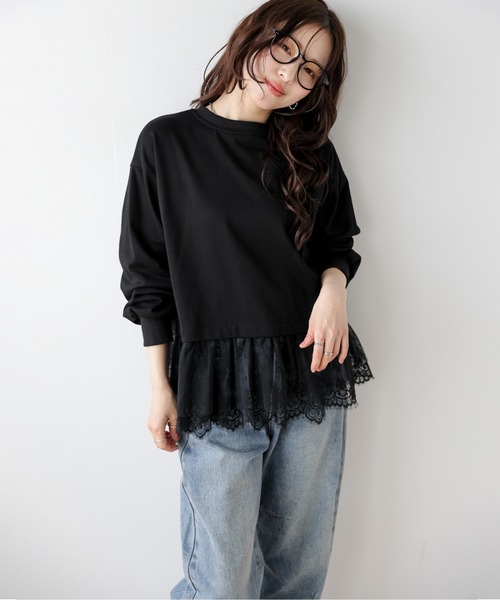 AMELY（エミリー）の「裾チュールレース プルオーバー（Tシャツ/カットソー・レディース・ホワイト/ブラック・フリー）」の11枚目の写真