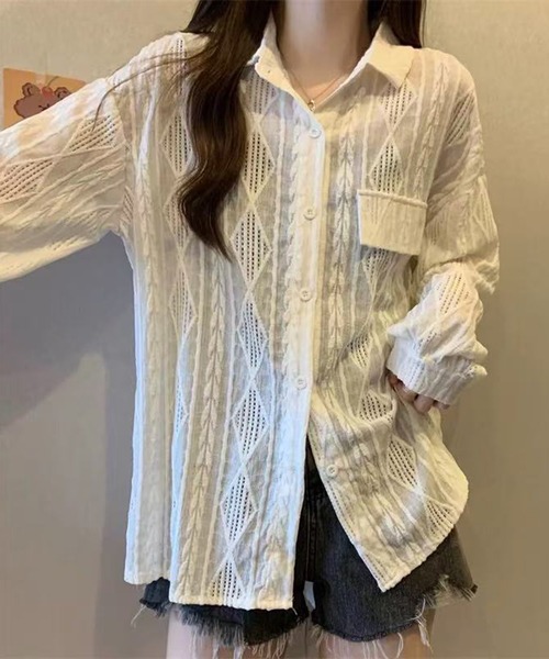 shyam inspiration(シャムインスピレーション)の「かぎ編みシアーシャツ/クロシェ編み/冷房対策/日除け/シアートップス(シャツ/ブラウス・レディース・ホワイト・F)」の2枚目の写真