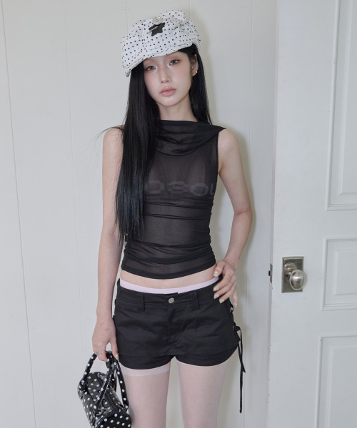 41PRAY（サイルプレイ）の「Draped Mesh Hoodie Sleeveless / Black（Tシャツ/カットソー・レディース・ブラック・OS）」の6枚目の写真