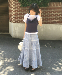 CHECK LACE SHIRRING LONG SKIRT_SKY BLUE