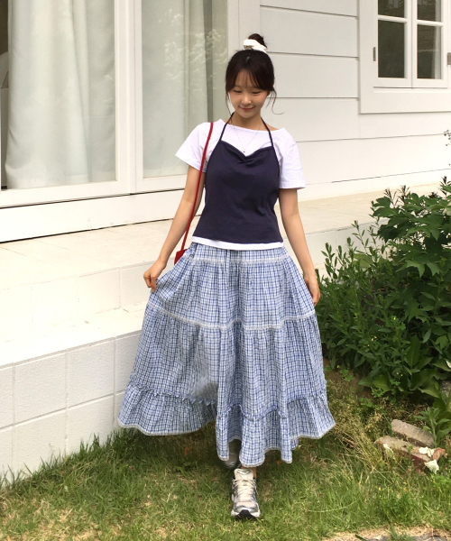 CELITAILS（セリテールズ）の「CHECK LACE SHIRRING LONG SKIRT_SKY BLUE（スカート・レディース・その他・FREE）」の2枚目の写真