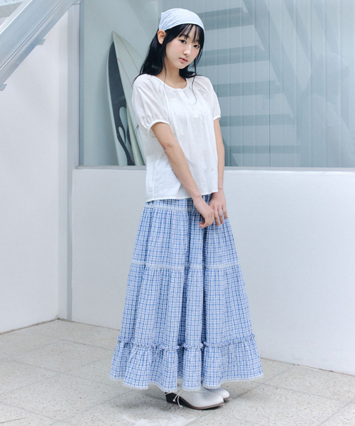 CELITAILS（セリテールズ）の「CHECK LACE SHIRRING LONG SKIRT_SKY BLUE（スカート・レディース・その他・FREE）」の3枚目の写真