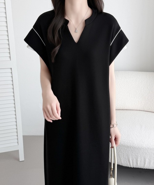 ABITOKYO(アビトーキョー)の「配色スキッパネックフレンチスリーブワンピース(ワンピース・レディース・チャコールグレー/ブラック/ベージュ・M/L)」の1枚目の写真