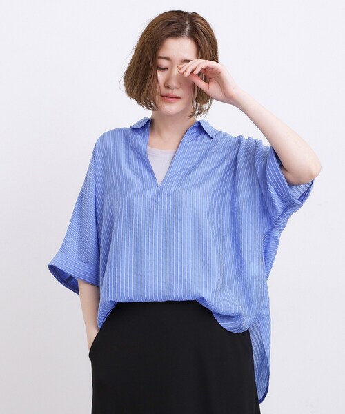 grove(グローブ)の「【洗濯機◎・体型カバー】ON/OFF使える、シアースキッパーシャツ(シャツ/ブラウス・レディース・オフホワイト/ブルー/ブラウン系その他/ブラック・02)」の4枚目の写真
