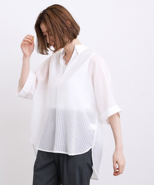 grove(グローブ)の「【洗濯機◎・体型カバー】ON/OFF使える、シアースキッパーシャツ(シャツ/ブラウス・レディース・オフホワイト/ブルー/ブラウン系その他/ブラック・02)」の20枚目の写真