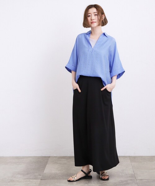 grove(グローブ)の「【洗濯機◎・体型カバー】ON/OFF使える、シアースキッパーシャツ(シャツ/ブラウス・レディース・オフホワイト/ブルー/ブラウン系その他/ブラック・02)」の8枚目の写真