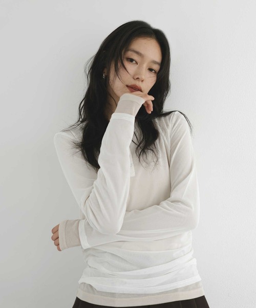 hellam(へラム)の「シアーヘンリーレイヤードトップス(Tシャツ/カットソー・レディース・ネイビー/ブラック/アイボリー/ブラウン・FREE)」の1枚目の写真
