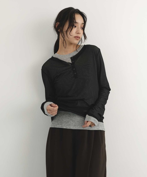 hellam(へラム)の「シアーヘンリーレイヤードトップス(Tシャツ/カットソー・レディース・ネイビー/ブラック/アイボリー/ブラウン・FREE)」の7枚目の写真