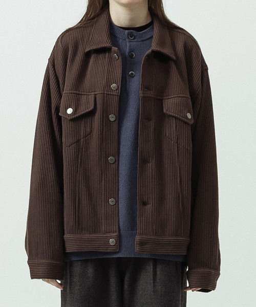 SLICK(スリック)の「【SLICK/スリック】Quarter Gauge Rib Knit Trucker Jacket/クォーターゲージリブニット トラッカージャケット(ブルゾン・メンズ・ブラウン/ブラック・1/3/2)」の2枚目の写真