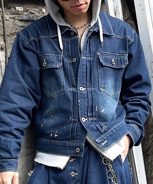 MandO(エムオー)(エムオー)の「【ユニセックス】ウォッシュペイントデニムジャケット/セットアップ可(デニムジャケット・メンズ・インディゴブルー/ブラック・MEDIUM/LARGE)」の2枚目の写真