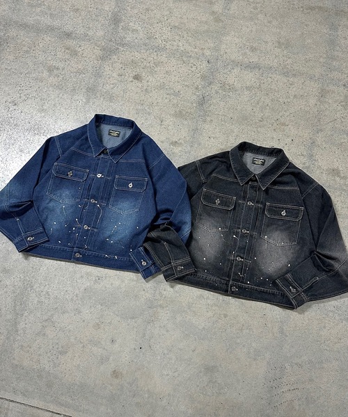 MandO(エムオー)(エムオー)の「【ユニセックス】ウォッシュペイントデニムジャケット/セットアップ可(デニムジャケット・メンズ・インディゴブルー/ブラック・MEDIUM/LARGE)」の3枚目の写真