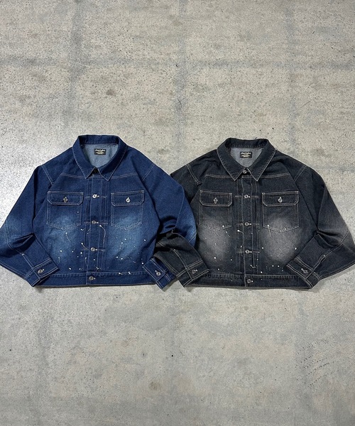 MandO(エムオー)(エムオー)の「【ユニセックス】ウォッシュペイントデニムジャケット/セットアップ可(デニムジャケット・メンズ・インディゴブルー/ブラック・MEDIUM/LARGE)」の4枚目の写真