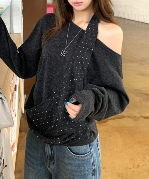 Vipoa(ヴィポア)の「ドットレイヤーオフショルトップス(Tシャツ/カットソー・レディース・チャコールグレー/ブラウン・FREE)」の7枚目の写真