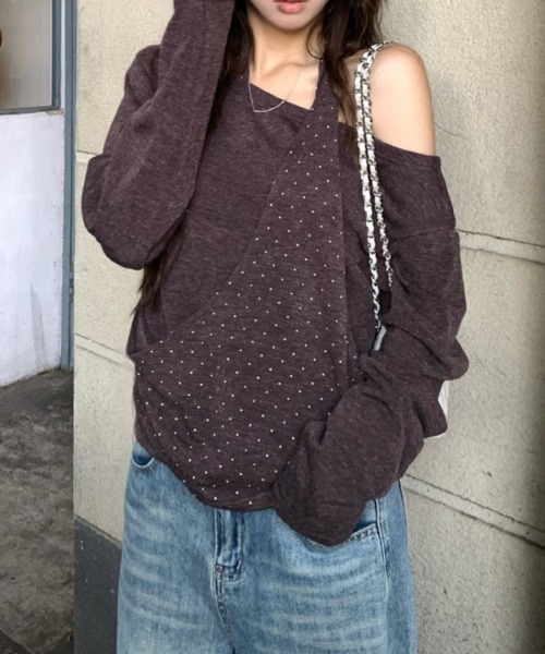Vipoa(ヴィポア)の「ドットレイヤーオフショルトップス(Tシャツ/カットソー・レディース・チャコールグレー/ブラウン・FREE)」の6枚目の写真