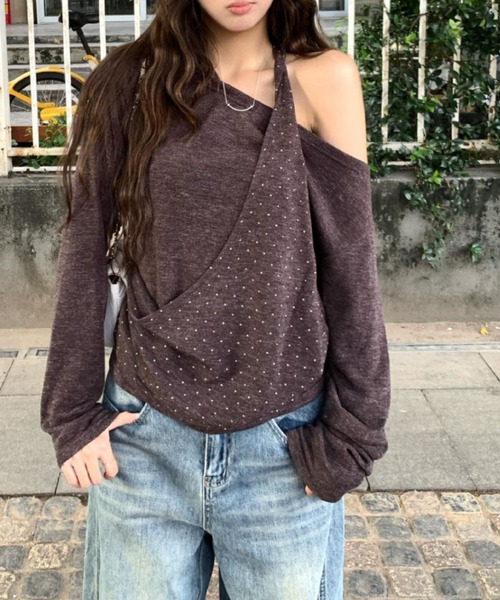 Vipoa(ヴィポア)の「ドットレイヤーオフショルトップス(Tシャツ/カットソー・レディース・チャコールグレー/ブラウン・FREE)」の11枚目の写真