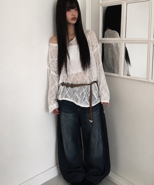 Sibra(シブラ)の「【秋冬新作】透かし編みルーズニットプルオーバー(Tシャツ/カットソー・レディース・ホワイト/ブラック/ベージュ・M)」の12枚目の写真