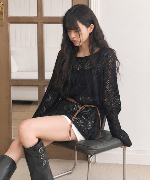 Sibra(シブラ)の「【秋冬新作】透かし編みルーズニットプルオーバー(Tシャツ/カットソー・レディース・ホワイト/ブラック/ベージュ・M)」の7枚目の写真