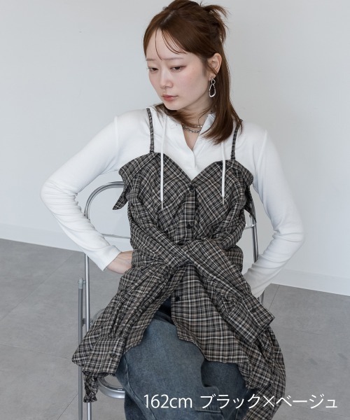 mellomela.(メロメラ)の「2WAYチェックシャツ(シャツ/ブラウス・レディース・ブラック×ベージュ/ブラウン系・FREE)」の3枚目の写真