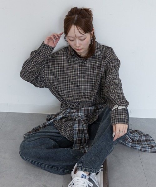 mellomela.(メロメラ)の「2WAYチェックシャツ(シャツ/ブラウス・レディース・ブラック×ベージュ/ブラウン系・FREE)」の6枚目の写真