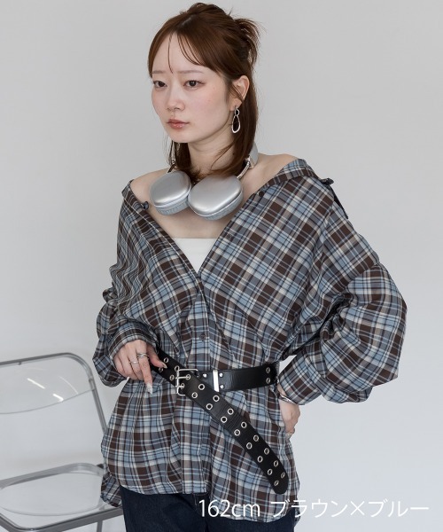 mellomela.(メロメラ)の「2WAYチェックシャツ(シャツ/ブラウス・レディース・ブラック×ベージュ/ブラウン系・FREE)」の8枚目の写真