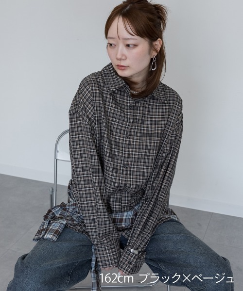 mellomela.(メロメラ)の「2WAYチェックシャツ(シャツ/ブラウス・レディース・ブラック×ベージュ/ブラウン系・FREE)」の5枚目の写真