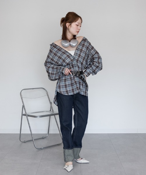 mellomela.(メロメラ)の「2WAYチェックシャツ(シャツ/ブラウス・レディース・ブラック×ベージュ/ブラウン系・FREE)」の13枚目の写真