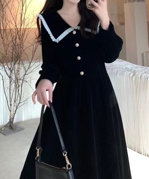SHEPP（シープ）の「【26年秋冬新作】ビッグ セーラーカラー ベロア ロングワンピース Aライン（ワンピース・レディース・ブラック/レッド・M）」の7枚目の写真