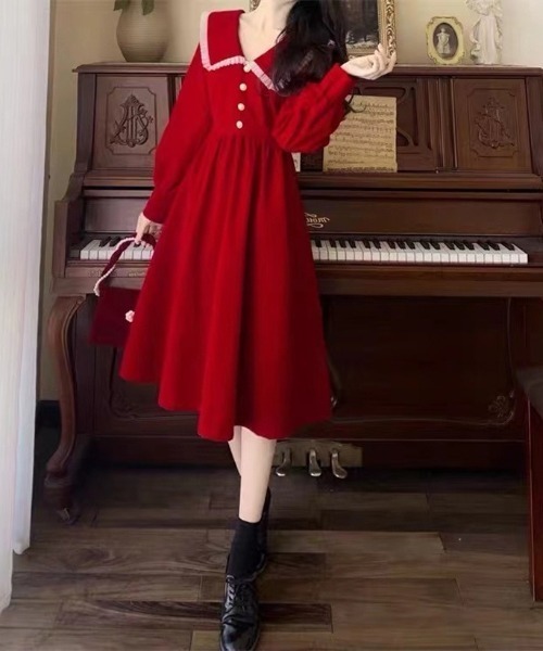 SHEPP（シープ）の「【26年秋冬新作】ビッグ セーラーカラー ベロア ロングワンピース Aライン（ワンピース・レディース・ブラック/レッド・M）」の22枚目の写真