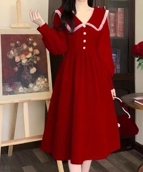 SHEPP（シープ）の「【26年秋冬新作】ビッグ セーラーカラー ベロア ロングワンピース Aライン（ワンピース・レディース・ブラック/レッド・M）」の21枚目の写真