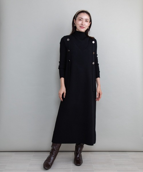 lodie(ロディ)の「【セット】リブタートル×ジャンスカニットワンピース(ワンピース・レディース・グリーン/グレー/ベージュ/ブラック・FREE)」の1枚目の写真