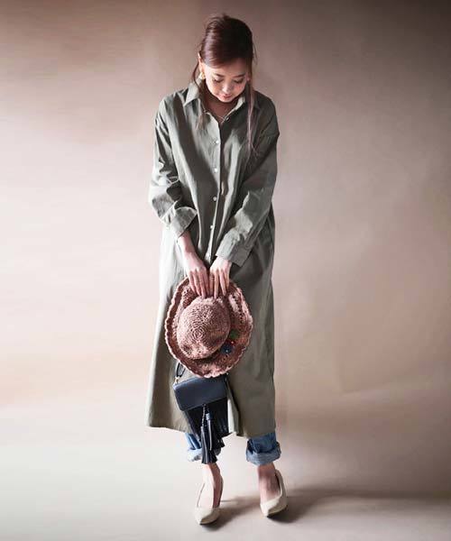 antiqua(アンティカ)の「ロングシャツワンピース(シャツワンピース・レディース・カーキ・M)」の3枚目の写真