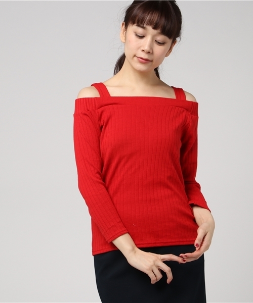 VENCEEXCHANGE（ヴァンスエクスチェンジ）の「肩ヒモ付きオフショルプルオーバー                   （Tシャツ/カットソー・レディース・ブラック/オフホワイト/レッド・MEDIUM）」の13枚目の写真