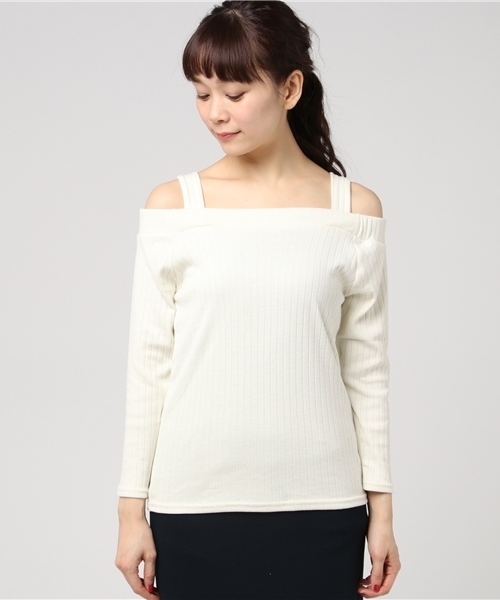 VENCEEXCHANGE（ヴァンスエクスチェンジ）の「肩ヒモ付きオフショルプルオーバー                   （Tシャツ/カットソー・レディース・ブラック/オフホワイト/レッド・MEDIUM）」の4枚目の写真