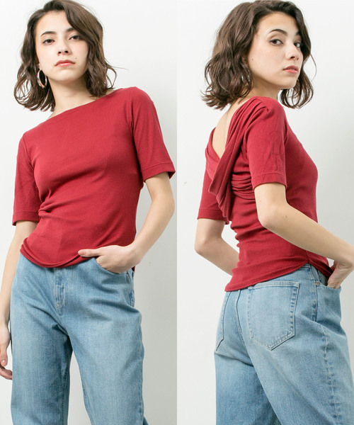 STUDIOUS(ステュディオス)の「リブカットソーバックカシュクールトップス(Tシャツ/カットソー・レディース・レッド/ブラック/カーキ・FREE/1)」の1枚目の写真