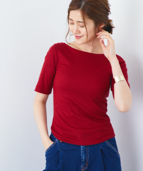 STUDIOUS(ステュディオス)の「リブカットソーバックカシュクールトップス(Tシャツ/カットソー・レディース・レッド/ブラック/カーキ・FREE/1)」の4枚目の写真