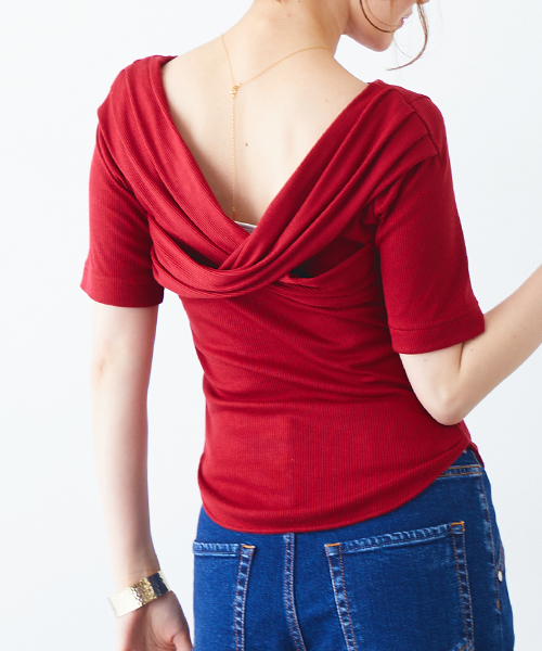 STUDIOUS(ステュディオス)の「リブカットソーバックカシュクールトップス(Tシャツ/カットソー・レディース・レッド/ブラック/カーキ・FREE/1)」の12枚目の写真