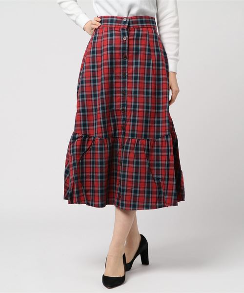 STYLEBLOCK（スタイルブロック）の「先染めチェック柄ロングフレアスカート（スカート・レディース・ブラウン/レッド/ターコイズブルー/マスタード・M）」の4枚目の写真