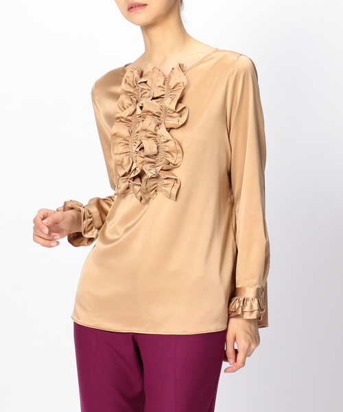 NARACAMICIE(ナラカミーチェ)の「サテンフロントフリルブラウス(シャツ/ブラウス・レディース・ブラック/ベージュ/ホワイト/パープル・SMALL/MEDIUM/LARGE)」の6枚目の写真