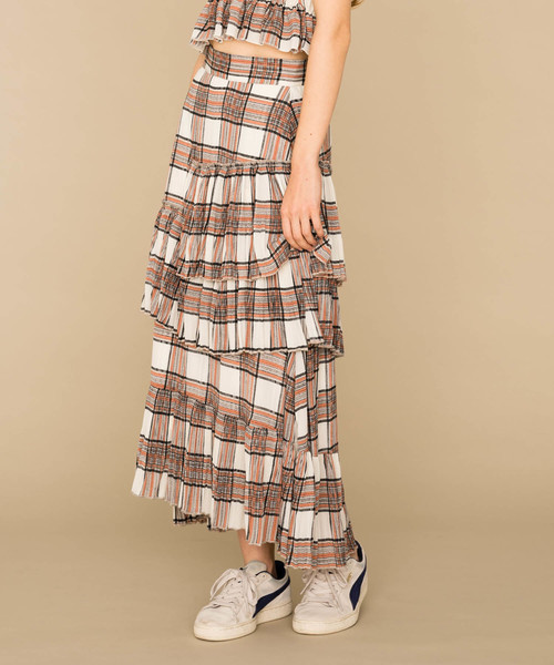 MIXXDAVID(ミックスディビッド)の「MIXXDAVID / SHEER CHECK TIERED SKIRT シアーチェック柄ティアードスカート(スカート)」|ホワイト