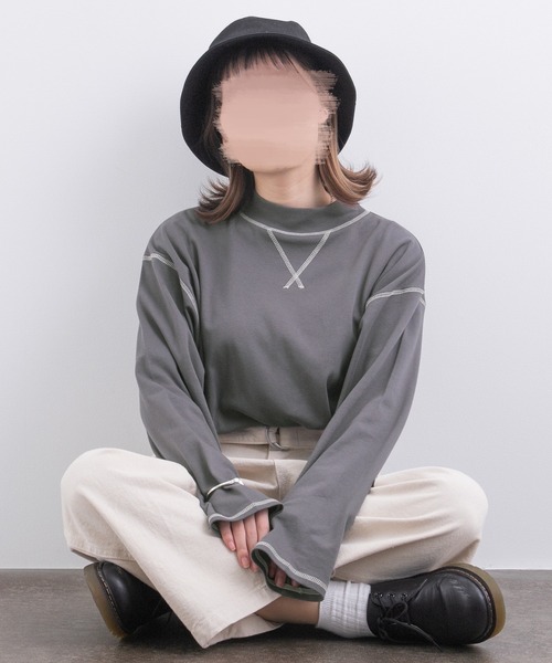 PairPair(ペアペア)の「配色ステッチロンT(ユニセックス)(Tシャツ/カットソー・レディース・スミクロ/アイボリー/オレンジ・MEDIUM/LARGE)」の3枚目の写真