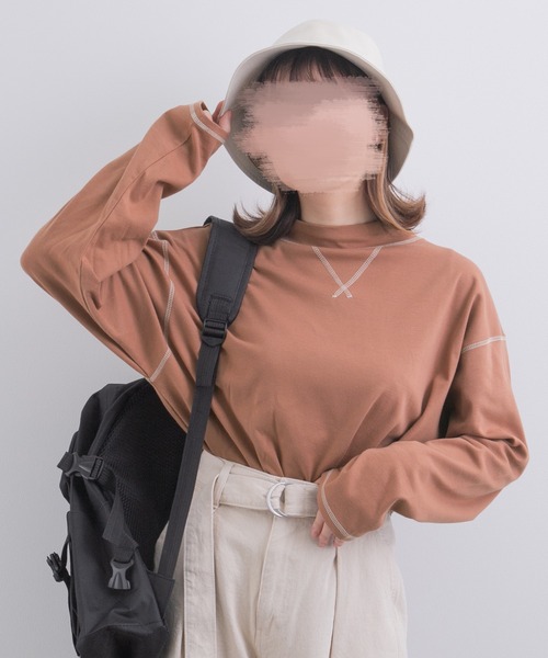 PairPair(ペアペア)の「配色ステッチロンT(ユニセックス)(Tシャツ/カットソー・レディース・スミクロ/アイボリー/オレンジ・MEDIUM/LARGE)」の1枚目の写真