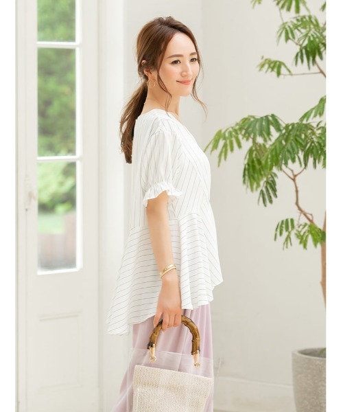 ストライプペプラムブラウス コカ coca ストライプペプラムブラウス （Navy） -ファッション