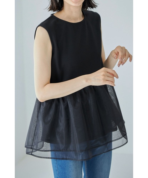 &. NOSTALGIA(アンドドットノスタルジア)の「【ZOZO限定】オーガンジー切り替えトップス(Tシャツ/カットソー・レディース・ダークネイビー/ブラック/ホワイト・FREE)」の2枚目の写真