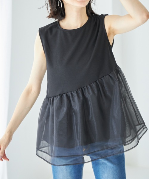 &. NOSTALGIA(アンドドットノスタルジア)の「【ZOZO限定】オーガンジー切り替えトップス(Tシャツ/カットソー・レディース・ダークネイビー/ブラック/ホワイト・FREE)」の9枚目の写真