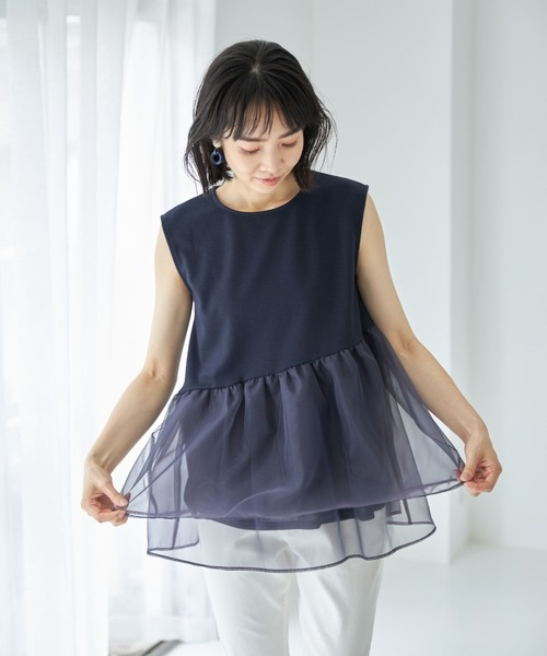 &. NOSTALGIA(アンドドットノスタルジア)の「【ZOZO限定】オーガンジー切り替えトップス(Tシャツ/カットソー・レディース・ダークネイビー/ブラック/ホワイト・FREE)」の12枚目の写真