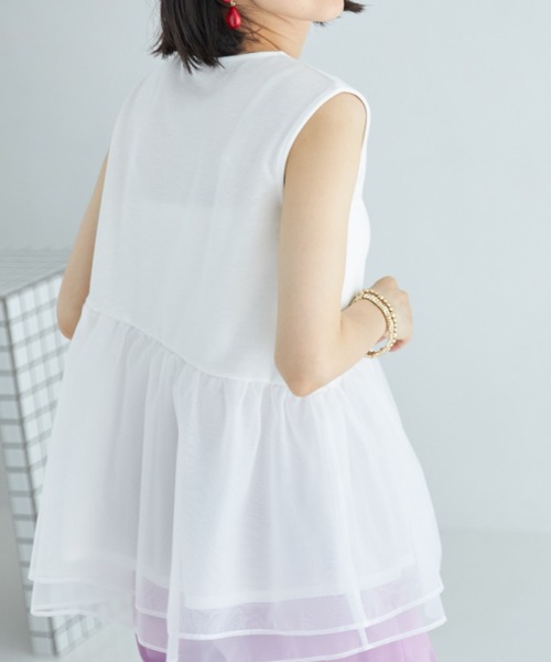 &. NOSTALGIA(アンドドットノスタルジア)の「【ZOZO限定】オーガンジー切り替えトップス(Tシャツ/カットソー・レディース・ダークネイビー/ブラック/ホワイト・FREE)」の4枚目の写真