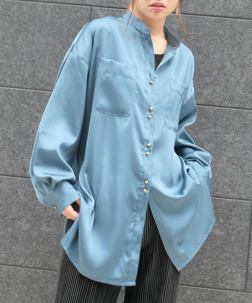 CORNERS（コーナーズ）の「ヴィンテージサテンダブルボタンシャツ（シャツ/ブラウス・レディース・ベージュ系その他/グリーン系その他/ブルー/オレンジ・M）」の3枚目の写真