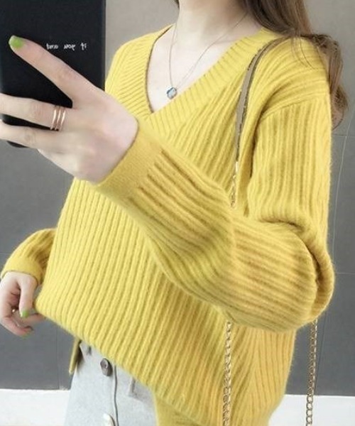 ACT（アクト）の「モヘアタッチ Vネック リブニット（ニット/セーター・レディース・ベージュ/グリーン/イエロー/ピンク/アイボリー・FREE）」の16枚目の写真