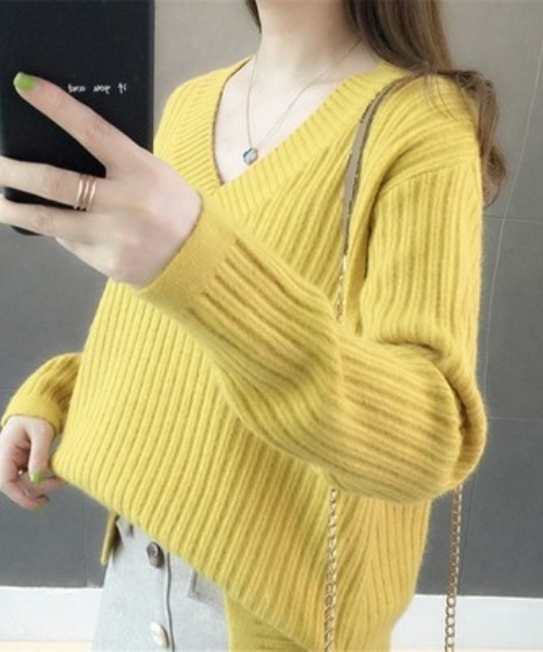 ACT（アクト）の「モヘアタッチ Vネック リブニット（ニット/セーター・レディース・ベージュ/グリーン/イエロー/ピンク/アイボリー・FREE）」の10枚目の写真